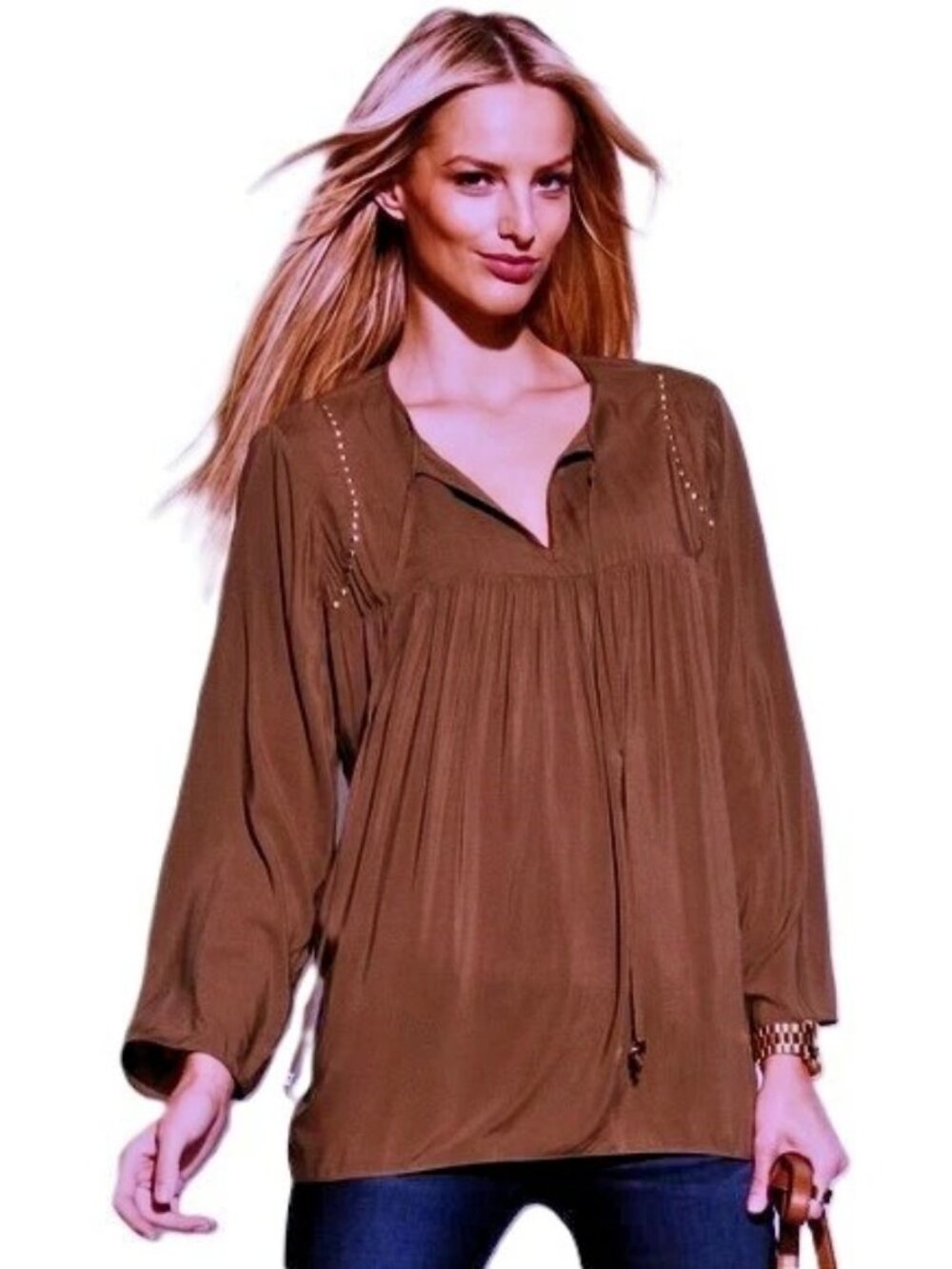 MICHAEL Michael KORS Brown Long Sleeve Gold Studded Peasant Top Small NWT $99